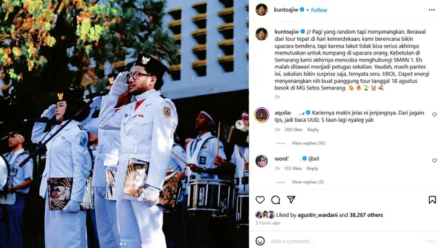 Kunto Aji jadi petugas pembaca UUD 1945. (Instagram/ kuntoajiw)