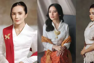 Tampilan memesona Beby Tsabina yang dampingi suami bertugas saat HUT ke-79 RI. Ia mengenakan kebaya putih yang dipadukannya dengan amat apik mengenakan selendang merah. [Foto: Instagram/bebytsabina]