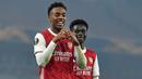 Gelandang Arsenal, Joe Willock, merayakan gol yang dicetaknya ke gawang Molde pada laga lanjutan Grup B Liga Europa 2020/2021 di Emirates Stadium, Jumat (6/11/2020) dini hari WIB. Arsenal menang 4-1 atas Molde. (AFP/Glyn Kirk)