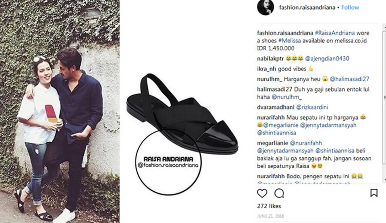 Kali ini adalah koleksi sepatu Raisa yang harganya tak lagi di angka ratusan ribu. Namun bukan bearti selangit, untuk sepatu hitam yang satu ini harganya Rp 1.450.000. (Instagram/fashion.rasiaandriana)