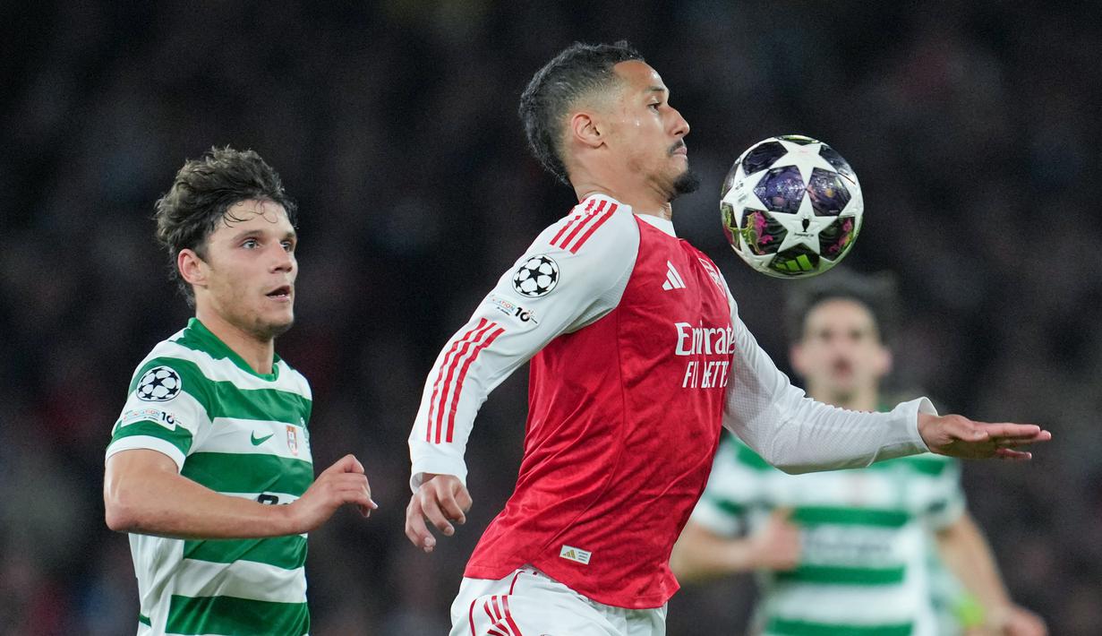 Arsenal sukses mengamankan langkah ke babak semifinal Liga Champions setelah bermain imbang 0-0 kontra Sporting CP di Emirates Stadium, Kamis (16/4/2026) dini hari WIB. (AP Photo/Kin Cheung)