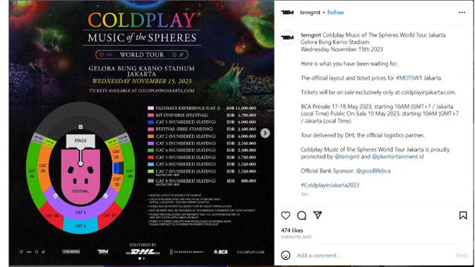 <p>Berikut Daftar Harga Tiket Konser Coldplay di Jakarta yang Berlangsung di Stadion Utama Gelora Bung Karno (GBK), Senayan pada 15 November 2023 Beserta Layout Panggung dan Kursi Penonton</p>