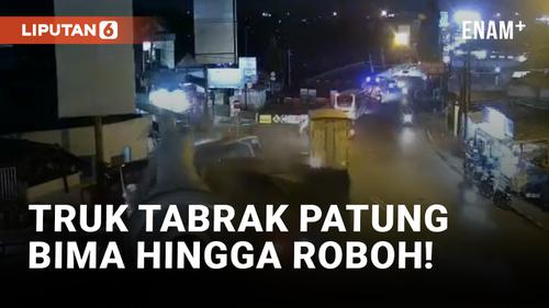VIDEO: Rem Blong, Truk Tabrak Patung Bima Hingga Roboh!