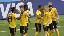 Para pemain Belgia melakukan selebrasi setelah cetak gol lawan Tunisia (AP/Victor Caivano)