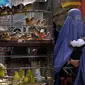 Seorang perempuan mengenakan burqa berjalan melalui pasar burung saat dia menggendong anaknya, di pusat kota Kabul, Afghanistan, 8 Mei 2022. Taliban memerintahkan perempuan Afghanistan untuk mengenakan pakaian dari kepala hingga ujung kaki atau burqa tradisional di depan umum. (AP Photo/Ebrahim Noroozi)