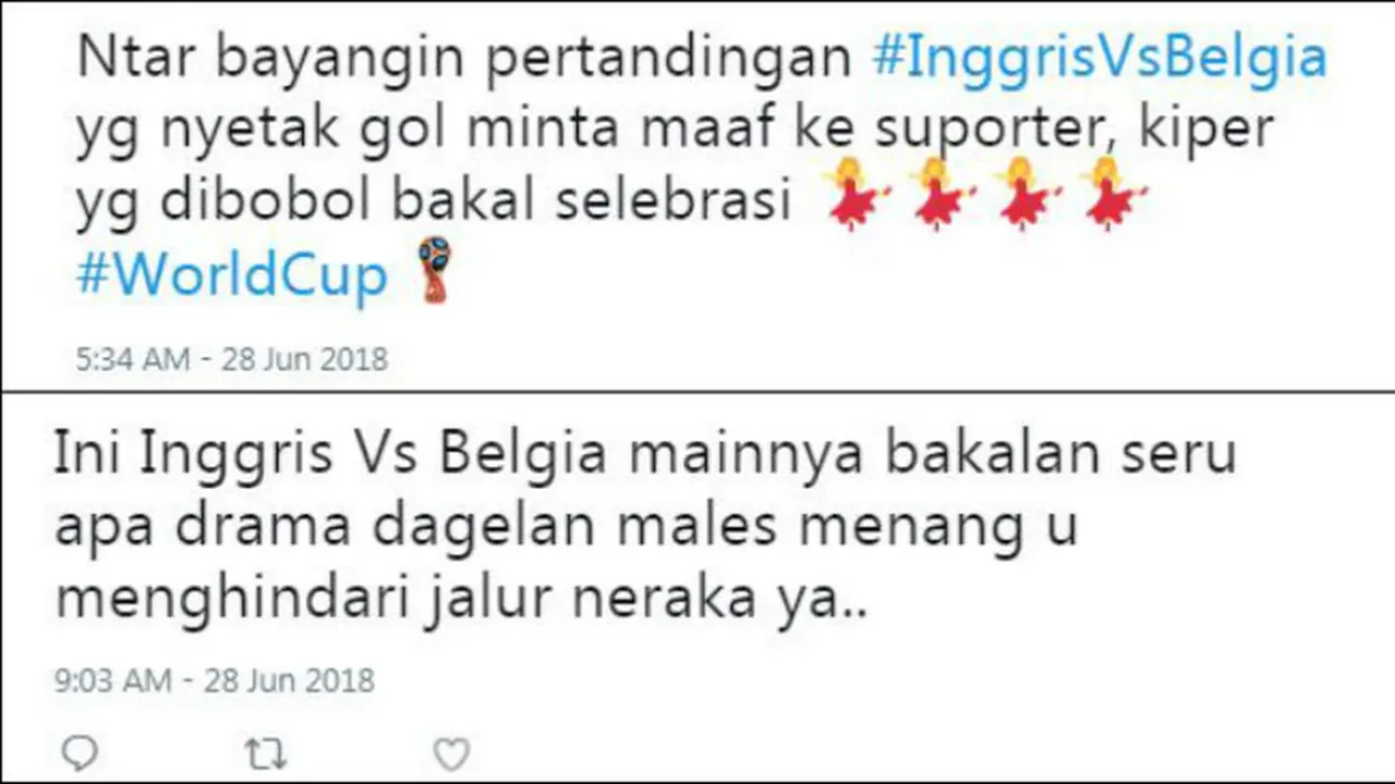 Di dunia maya, warganet menanggapi pertandingan Inggris lawan Belgia tersebut melalui cuitan-cuitan kocak.