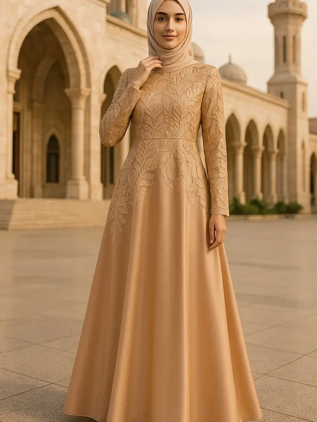 Model Gamis Syari A-Line Kombinasi Brokat Modern