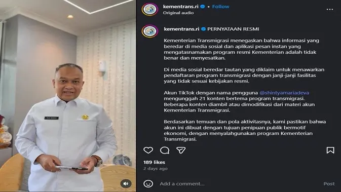 <p>Gambar tangkapan layar postingan dari akun Instragram @kementrans.ri.</p>