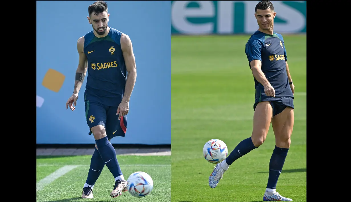 Timnas Portugal menjalani sesi latihan terakhir menjelang pembukaan Piala Dunia 2022 Qatar di Al Shahania Sports Club, Al Shahania, Minggu (20/11/2022). Bola.com yang hadir langsung meliput latihan skuad asuhan Fernando Santos mendapati sang megabintang Cristiano Ronaldo tampak akrab dan baik-baik saja dengan rekannya di Manchester United, Bruno Fernandes. (Kolase AFP)