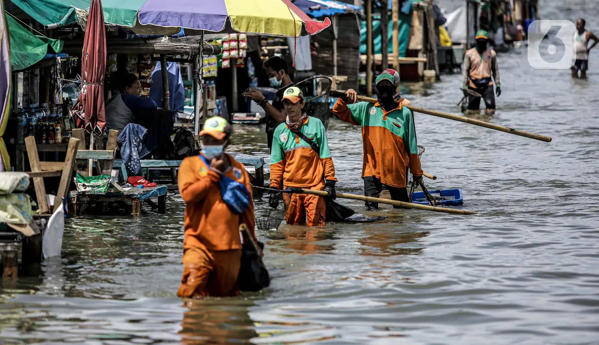 Petugas PPSU membersihkan sampah saat terjadi banjir rob di Pelabuhan Kali Adem, Muara Angke, Jakarta, Selasa (9/11/2021). Walau terendam banjir rob, petugas PPSU tetap sigap bersihkan sampah yang mengambang terbawa air laut. (Liputan6.com/Faizal Fanani)