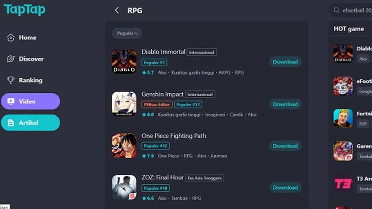 Tampilan situs TapTap yang diakses di browser desktop