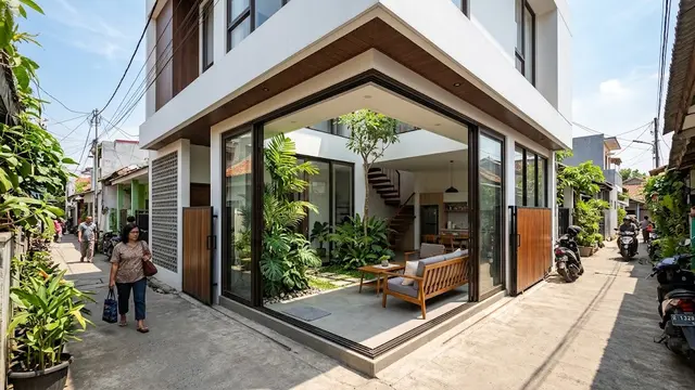 Model Rumah untuk Lahan Pojok Gang yang Tetap Terang dan Berangin (AI Generated)