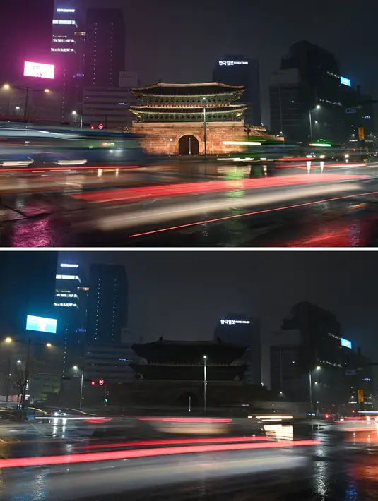 Foto kombinasi menunjukkan gerbang Namdaemun sebelum (atas) dan setelah (bawah) lampunya padam untuk kampanye lingkungan Earth Hour di Seoul, Korea Selatan (27/3/2021). (AFP/Jung Yeon-je)