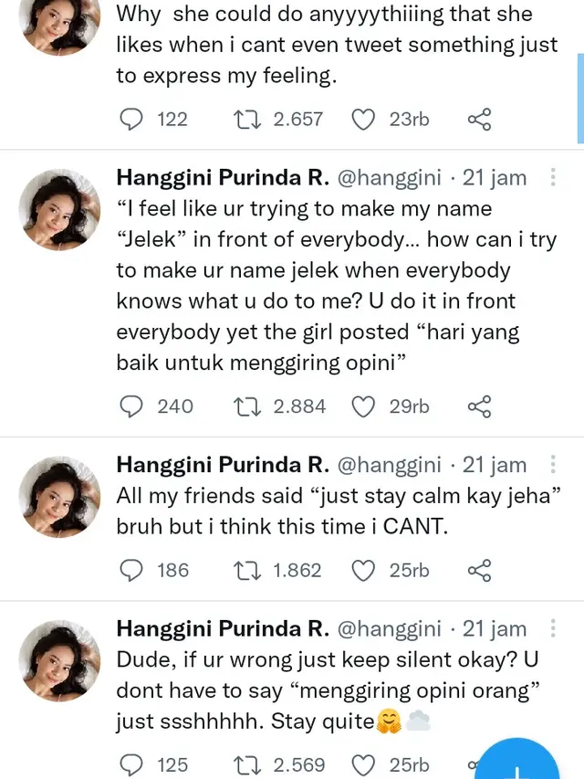 Curhat Hanggini di Twitter soal selingkuh