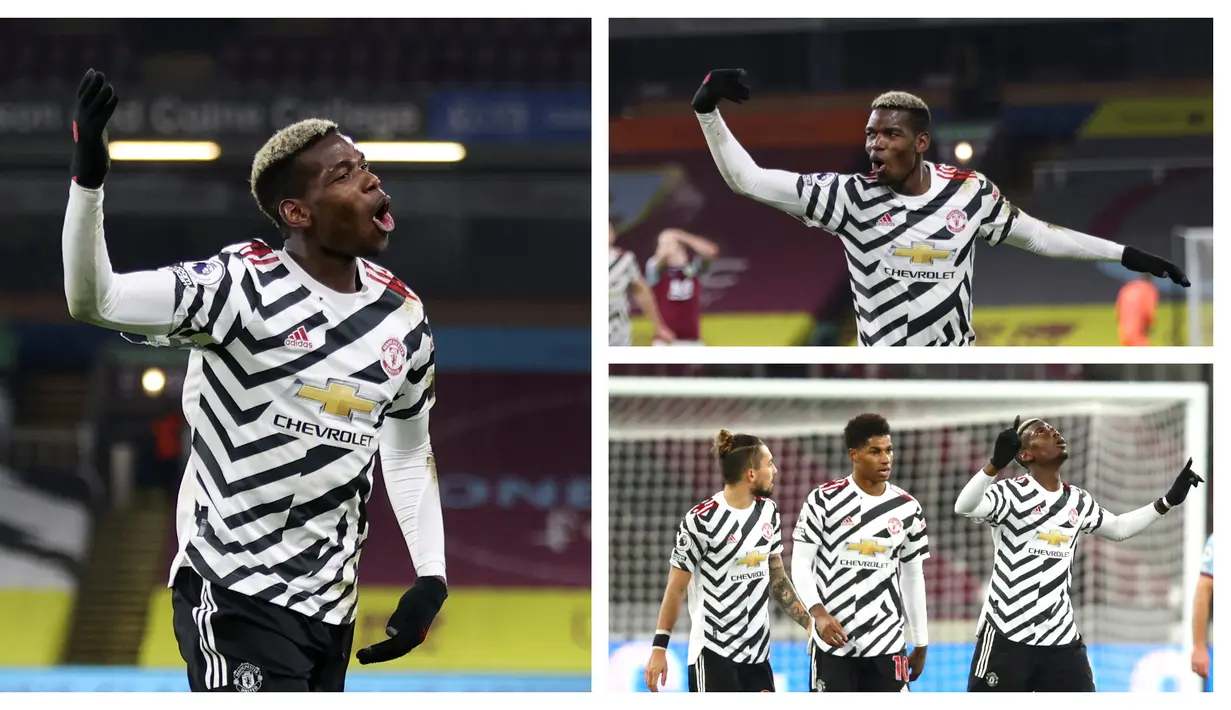 Selebrasi pemain Manchester United, Paul Pogba usai mencetak gol saat mengenakan jersey tandang yang bermotif hitam-putih. (Foto: AFP & AP)