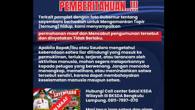 Sayembara Tangkap Tapir Berhadiah Rp 50 Juta Dicabut, Ini Penjelasan BKSDA