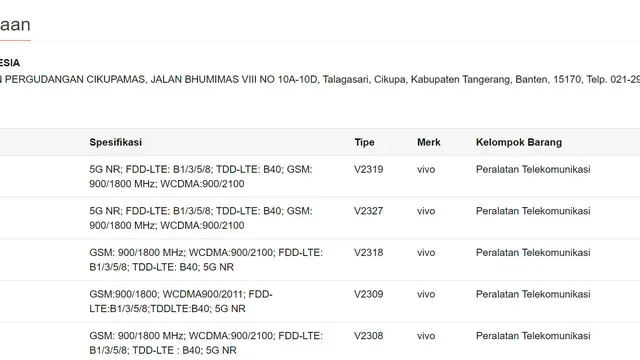 Vivo V30 Series muncul di situs TKDN Kemenperin (Tangkapan layar situs P3DN Kemenperin)