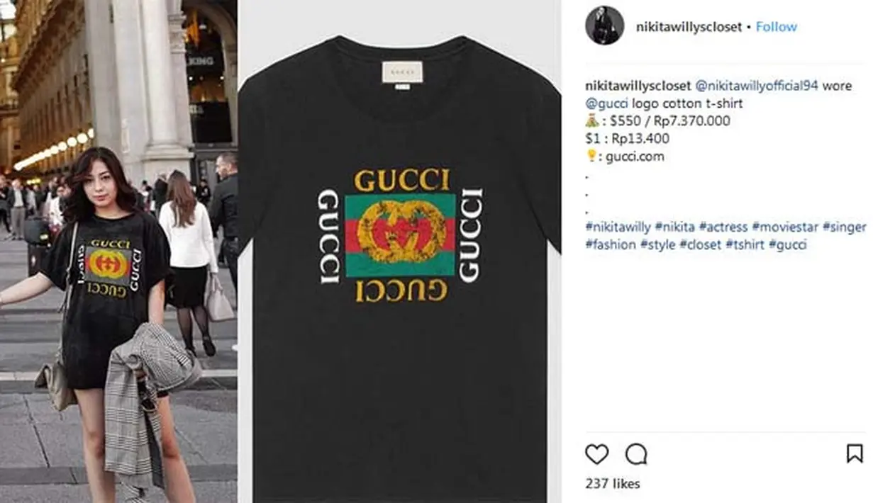 Untuk t-shirt atau kaus hitam keluaran Gucci yang dipakai Nikita Willy ini, tertera di akun Instagram @nikitawillycloset harganya mencapai Rp 7.370.000. (Instagram/nikitawillycloset)