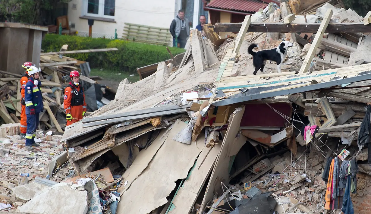 Tim penyelamat berusaha mencari korban di reruntuhan sebuah apartemen tua yang ambruk di Swiebodzce, Polandia, Sabtu (8/4). Pemadam kebakaran dan anjing pelacak masih mencari korban hilang di antara reruntuhan bangunan. (Natalia DOBRYSZYCKA/AFP)