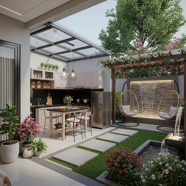 Ide Dapur Semi Outdoor dengan Taman Belakang