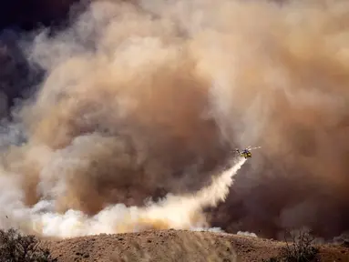 Sebuah helikopter pemadam kebakaran melakukan upaya pemadaman di atas kebakaran gunung (mountain fire) yang menghanguskan puluhan hektar lahan di Santa Paula, California, pada tanggal 7 November 2024. (ETIENNE LAURENT/AFP)