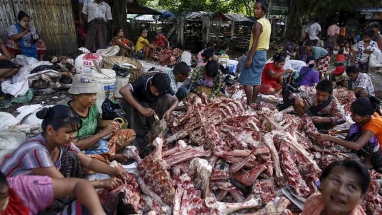 Potret pembagian daging hewan kurban di Myanmar