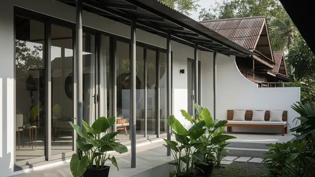 Teras Semi-Outdoor dengan Pilar Ramping dan Jendela Besar