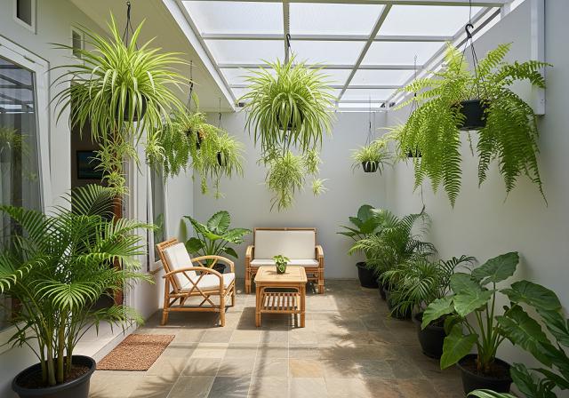 Teras Atap Kanopi Transparan dengan Tanaman Gantung/Desain Rumah Kecil tapi Punya Teras Lega yang Cozy untuk Santai (Sumber: gemini.com)