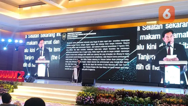 Menteri Koordinator Bidang Hukum, HAM, Imigrasi, dan Pemasyarakatan (Kumham Imipas) Yusril Ihza Mahendra pada Selasa (12/8/2025) di Diaspora Global Summit 2 (Dok. Liputan6.com/Teddy Tri Setio Berty).