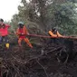 Petugas pemadam kebakaran menyemprotkan air untuk memadamkan api yang melalap lahan gambut di Kubu Raya, Kalimantan Barat, Indonesia, Selasa, 11 Agustus 2026. (Foto AP/Stefanus Taman)