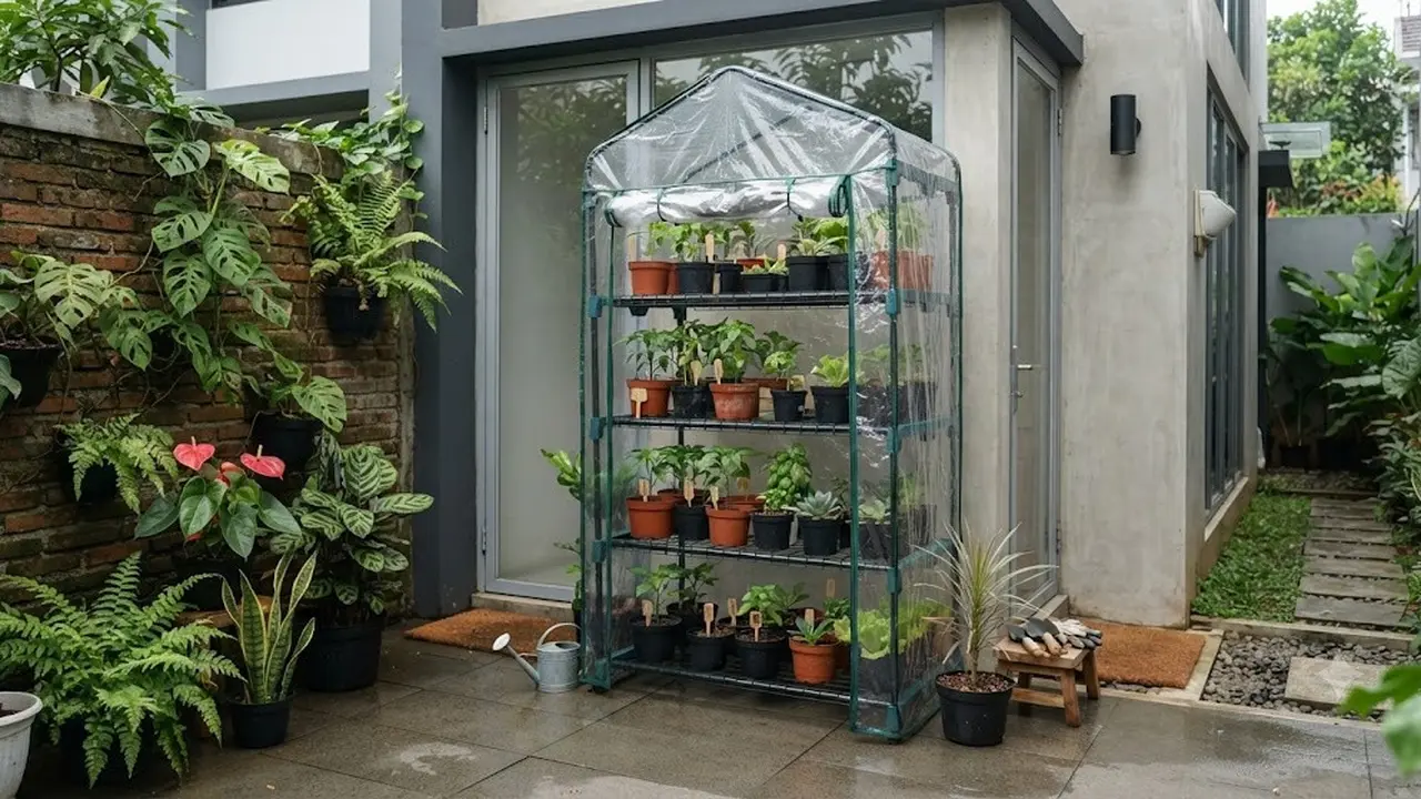 Cara Membuat Greenhouse Mini dari Rak dan Plastik Transparan (AI Generated)
