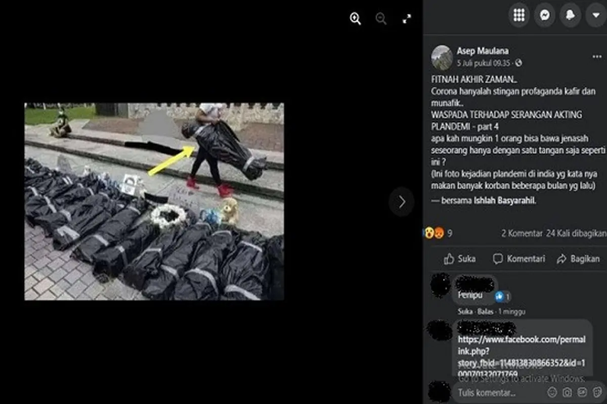 Gambar Tangkapan Layar Foto yang Diklaim Seseorang Mampu Mengangkat Jenazah dengan Satu Tangan (sumber: Facebook).