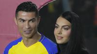 Cristiano Ronaldo menatap sang kekasih Georgina Rodriguez saat mereka menghadiri upacara penyambutan dirinya sebagai pemain baru Al Nassr di Stadion Mrsool Park, di ibu kota Saudi, Riyadh, Selasa (3/1/2023). Kekasih CR7 yang biasanya kerap memamerkan kemolekan tubuhnya terlihat lebih sopan dalam berpakaian. (AP Photo/Amr Nabil)