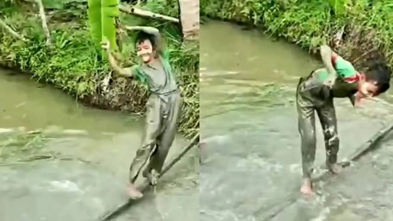 Viral, Aksi Bocah Lewati Galah Bambu Di Empang Ini Bikin Kasihan
