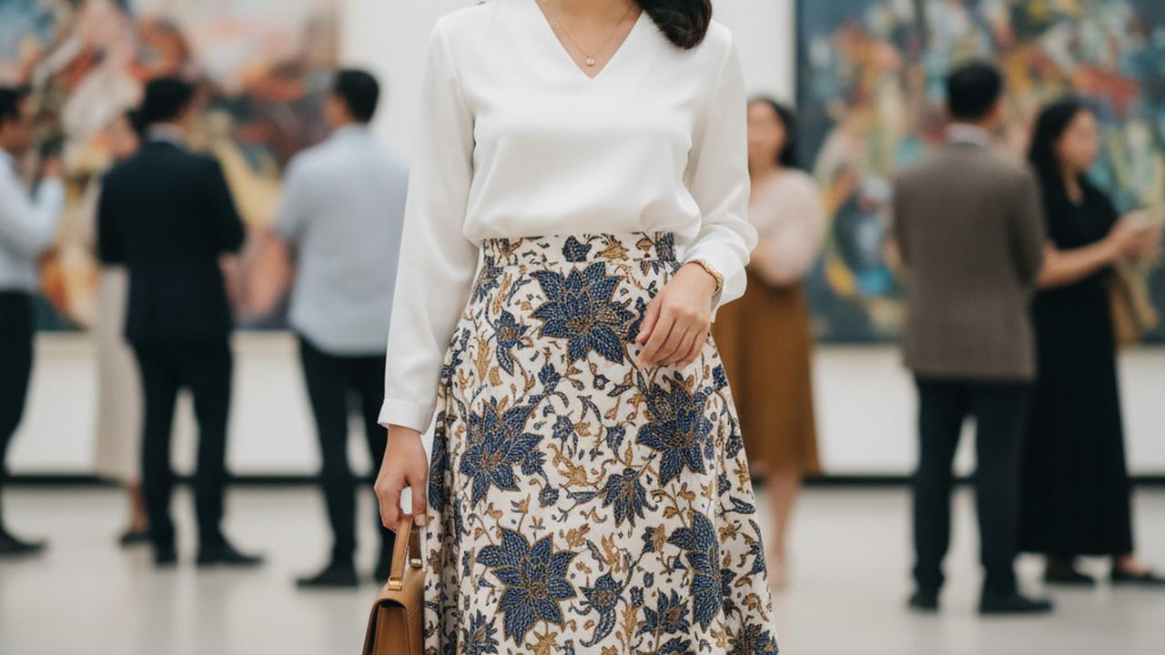 Rok Midi Batik Dipadukan Blouse Putih Polos