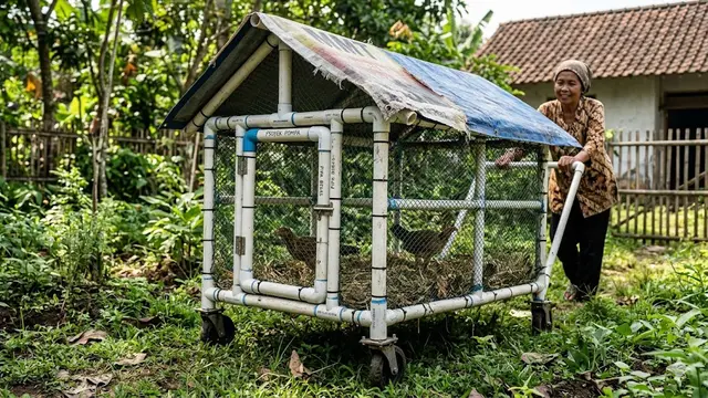 Kandang Ayam Portable dengan Roda dari Barang Bekas, Hemat Biaya dan Praktis.