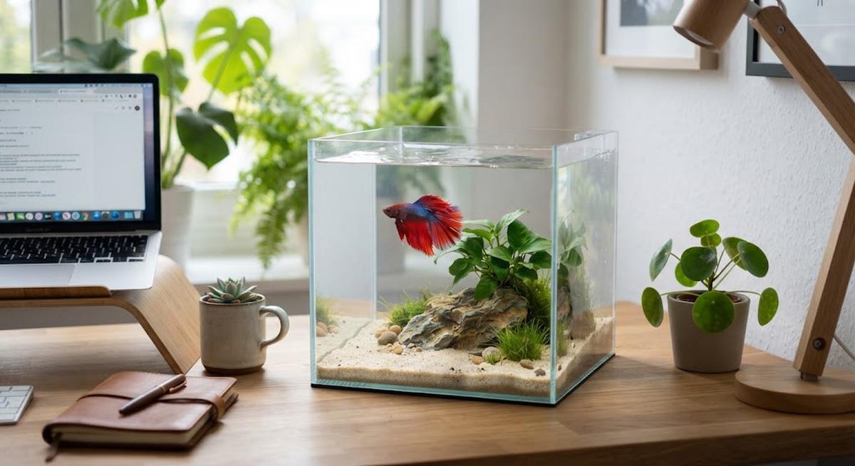 Ide akuarium mini untuk meja kerja model kubus dengan satu ikan