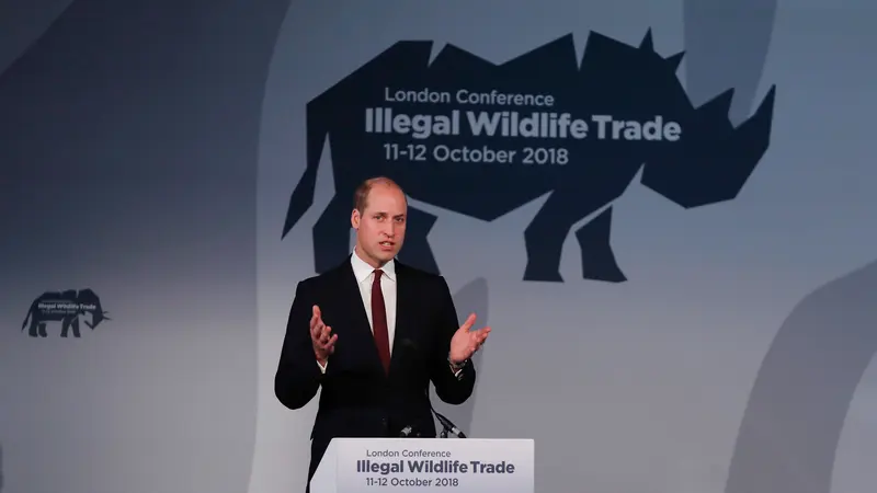 Pangeran William saat berpidato tentang pentingnya perlindungan terhadap petugas penjaga satwa liar, London, 11 Oktober 2018 (AFP/Alastair Grant)