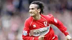 Aksi striker Middlesbrough, Tuncay Sanli setelah menjebol gawang Aston Villa di laga EPL yang berlangsung di Riverside Stadium, Middlesbrough, 16 Mei 2009. AFP PHOTO/GRAHAM STUART