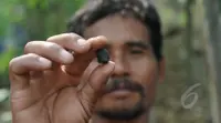 Seorang pencari batu memperlihatkan batu akik yang di dapat dari sumur sedalam 14 - 20 meter di Desa Cimalimping, Banten, Selasa (14/4/2015). Dengan alat seadanya pencari batu tetap menambang  untuk mata pencahariannya.  (Liputan6.com/Johan Tallo)