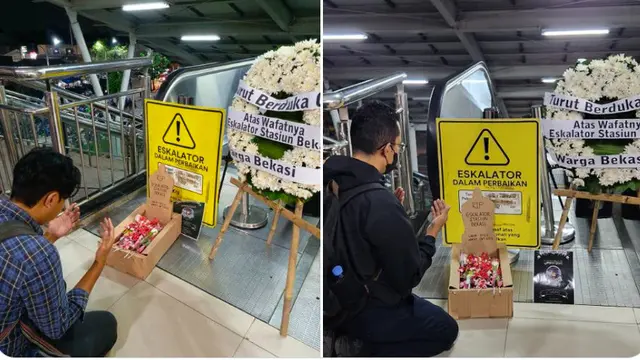 Eskalator Stasiun Bekasi Tak Berfungsi 100 Hari, Warga Protes dengan Karangan Bunga dan Replika Kuburan