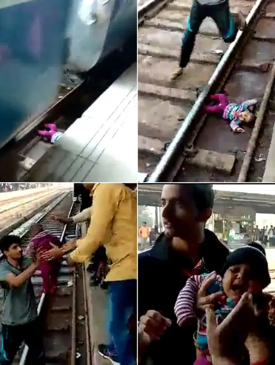 Kombinasi gambar dari video pada 20 November 2018 menunjukkan peristiwa ketika bayi perempuan terlepas dari gendongan ibunya dan jatuh ke rel saat sebuah kereta melintas di atasnya di stasiun kereta api di Mathura, Uttar Pradesh, India. (NNIS / AFP)
