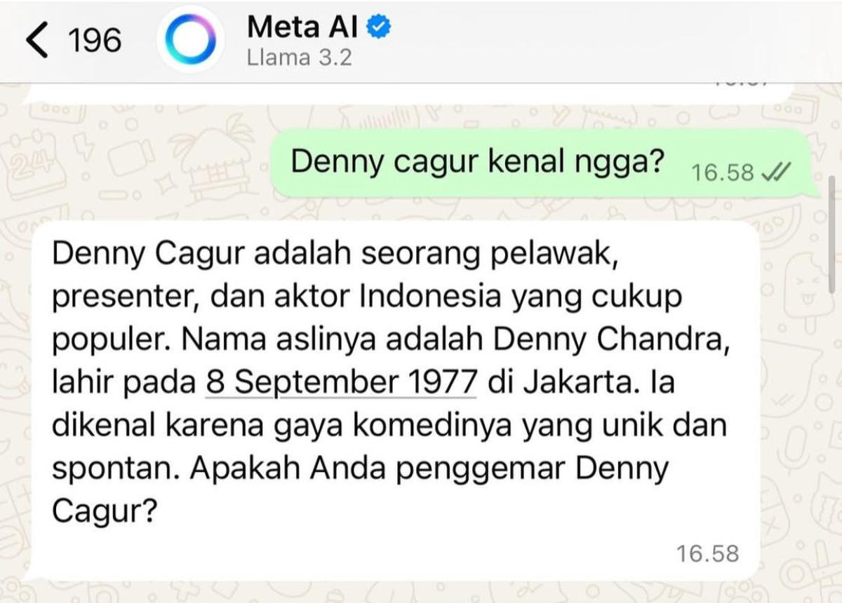 Meta AI Jawab Istri Denny Cagur, Responsnya Bikin Emosi dan Heboh di Medsos