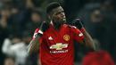 Gelandang Manchester United, Paul Pogba, melakukan selebrasi usai membobol gawang Brighton and Hove Albion pada laga Premier League di Stadion Old Trafford, Sabtu (19/1). Manchester United menang 2-1 atas Brighton and Hove Albion. (AP/Martin Rickett)