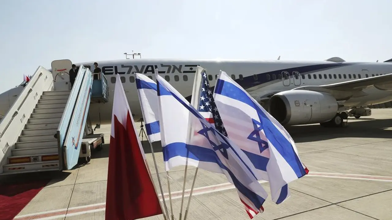 Bendera nasional Bahrain, Israel dan Amerika.