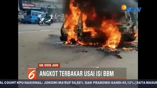 Diduga korsleting pada kabel mobil, angkot jurusan Leuwiliang-Bogor, ludes terbakar usai mengisi bahan bakar di SPBU Leuwiliang.