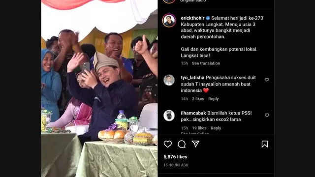 Tangkapan layar instagram Menteri BUMN Erick Thohir saat membagikan momen peringatan hari jadi ke-273 Kabupaten Langkat.