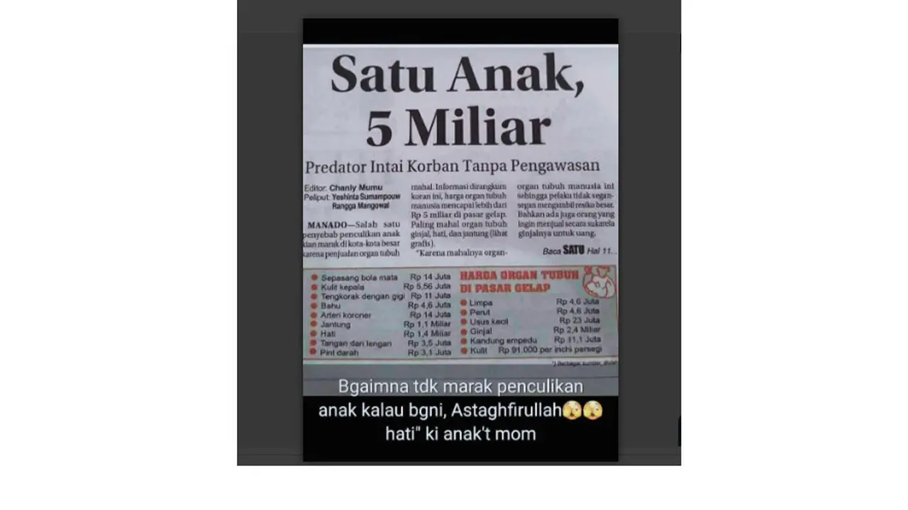 Tangkapan layar informasi tentang harga anak yang diculik satu anak 5 miliar
