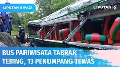 Diduga akibat rem blong, sebuah bus pariwisata menabrak tebing di jalan menurun dan menikung di Bantul. Bus mengangkut rombongan keluarga pabrik garmen ini ringsek. Sejumlah penumpang terpental dan 13 orang tewas.