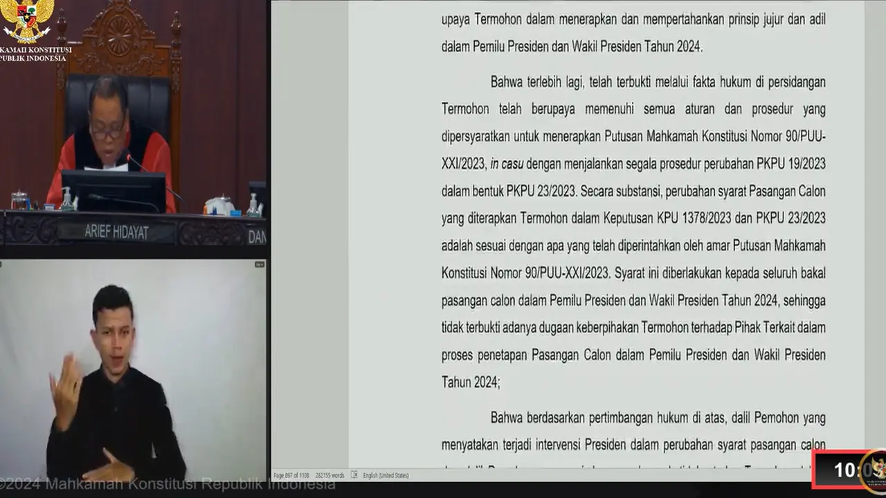 Hakim Mahkamah Konstitusi (MK) Arief Hidayat membacakan putusan terkait perkara perselisihan hasil pemilihan umum (PHPU) atau sengketa Pilpres 2024, Senin (22/4/2024)